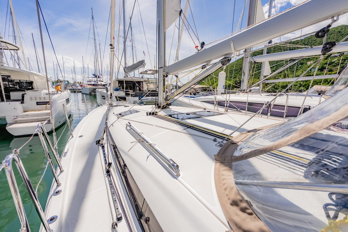 Deck of Air Guitar, a Jeanneau Sun Odyssey 440 sailboat at Road Town, British Virgin Islands