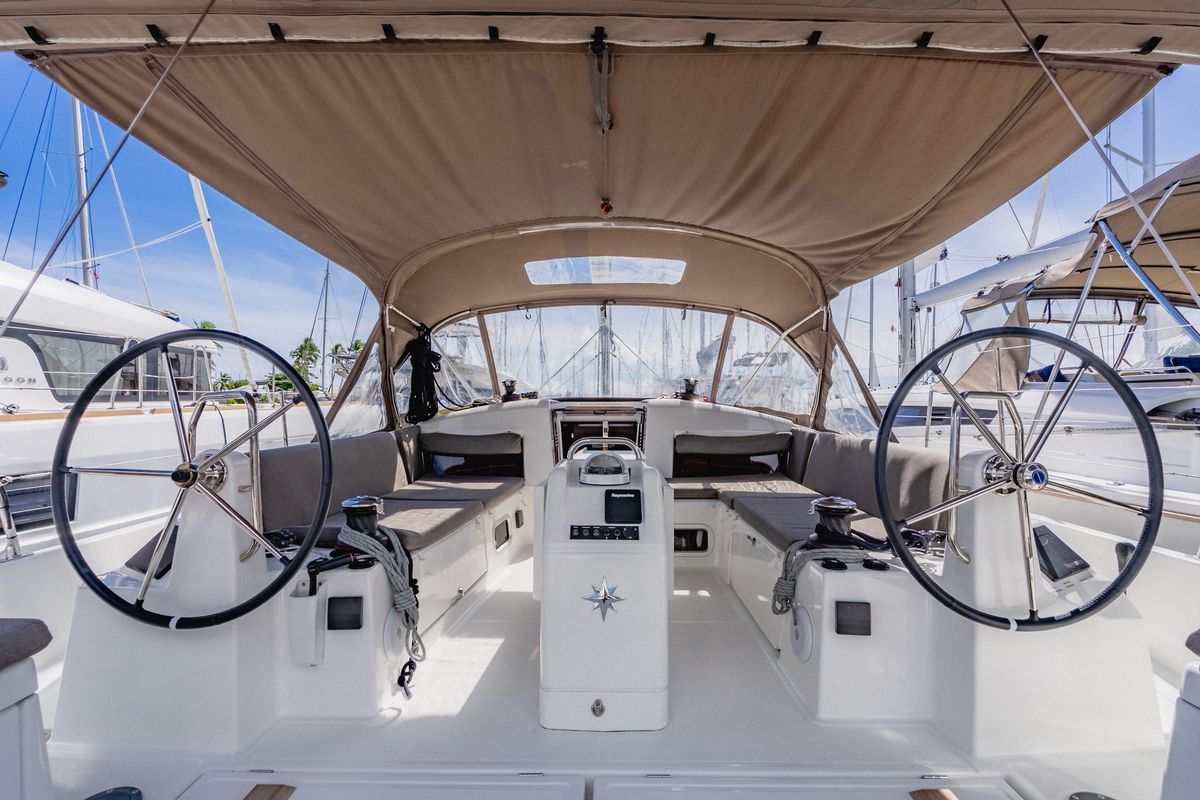 Cockpit of Air Guitar, a Jeanneau Sun Odyssey 440 sailboat at Road Town, British Virgin Islands
