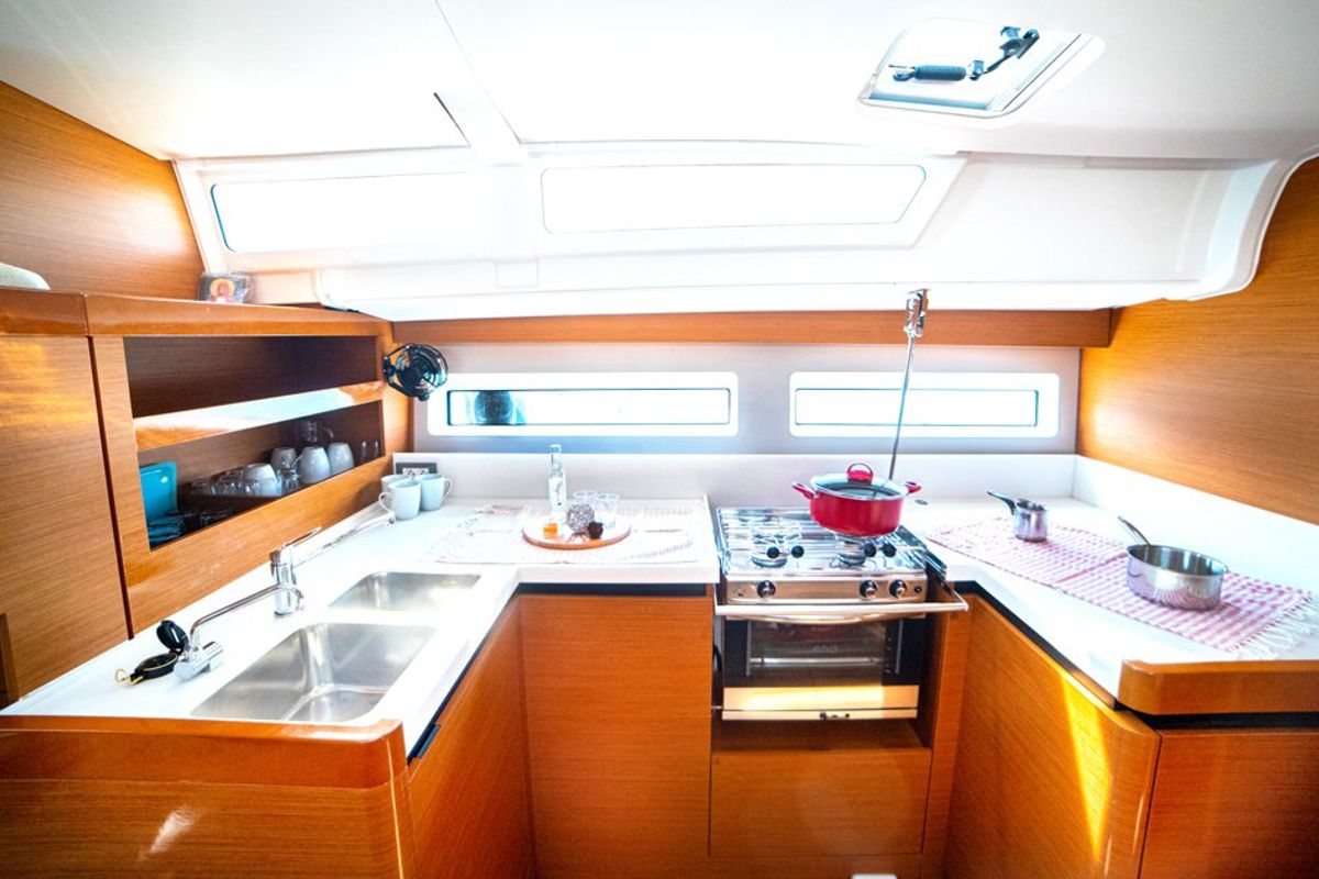 Galley of Porto Fino, a Jeanneau Sun Odyssey 490 sailboat at Andros, Greece