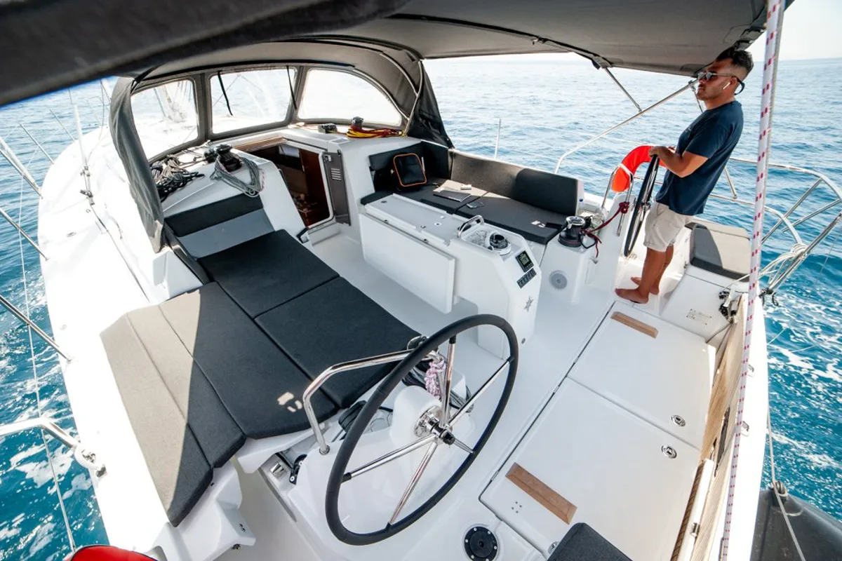 Cockpit of Porto Fino, a Jeanneau Sun Odyssey 490 sailboat at Andros, Greece