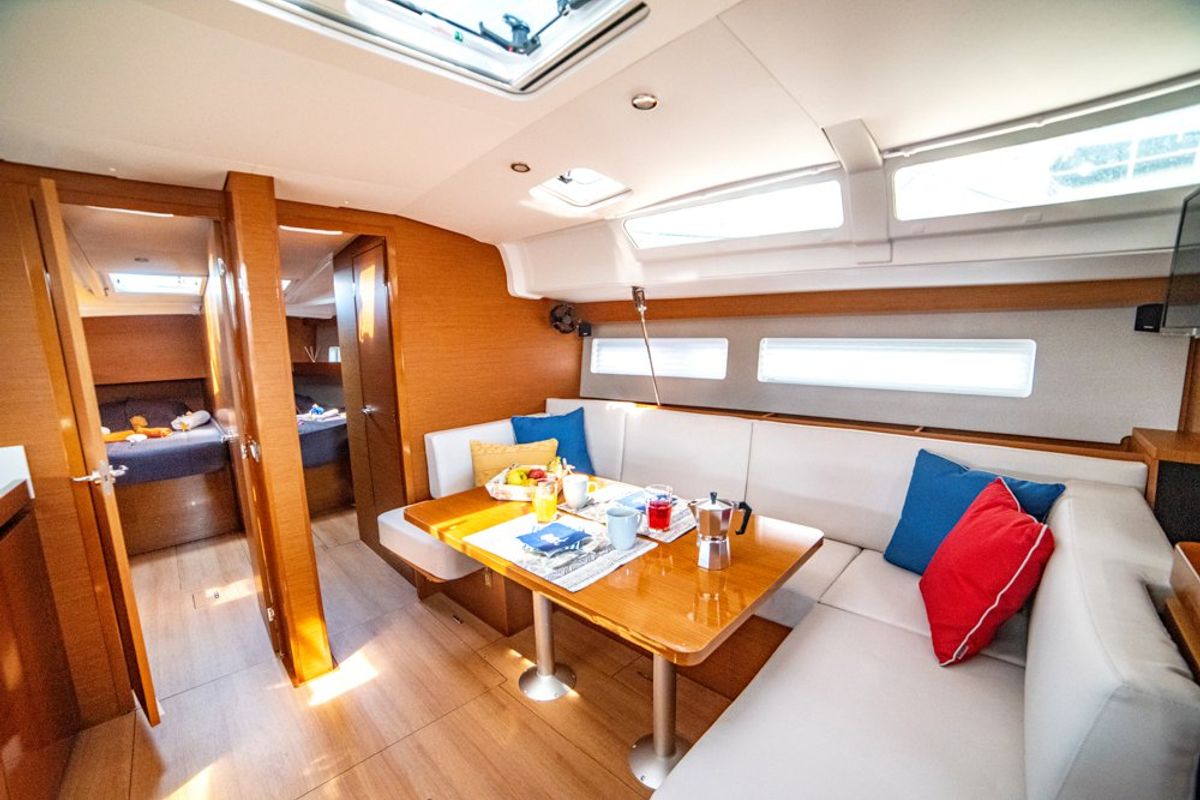 Salon of Porto Fino, a Jeanneau Sun Odyssey 490 sailboat at Andros, Greece