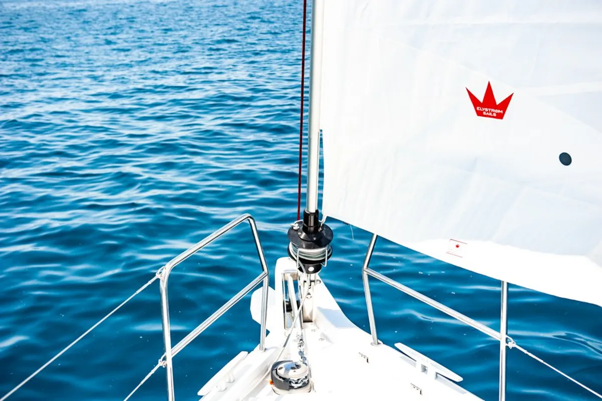 Deck of Porto Fino, a Jeanneau Sun Odyssey 490 sailboat at Andros, Greece