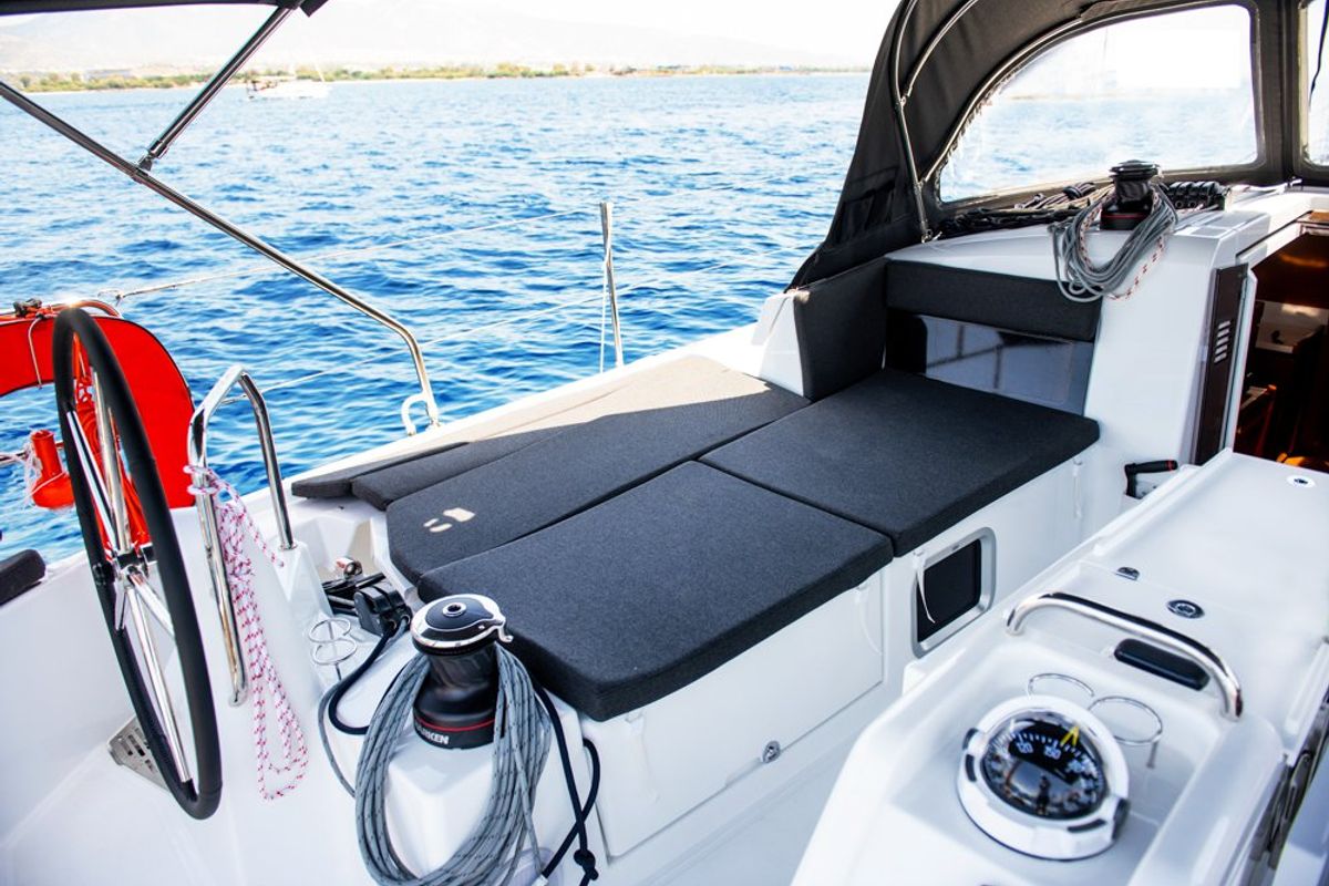 Cockpit of Porto Fino, a Jeanneau Sun Odyssey 490 sailboat at Andros, Greece