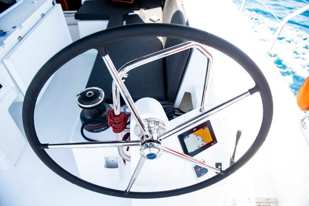 Cockpit of Porto Fino, a Jeanneau Sun Odyssey 490 sailboat at Andros, Greece