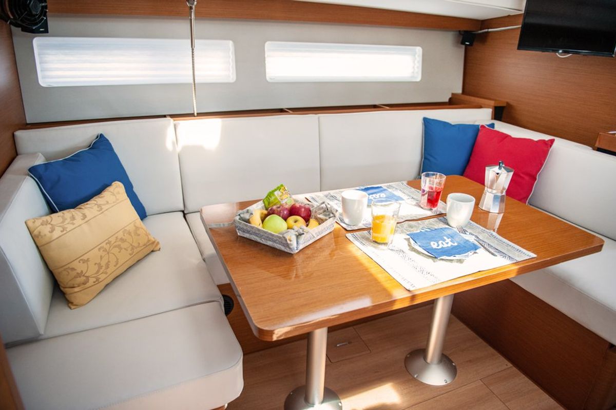 Salon of Porto Fino, a Jeanneau Sun Odyssey 490 sailboat at Andros, Greece