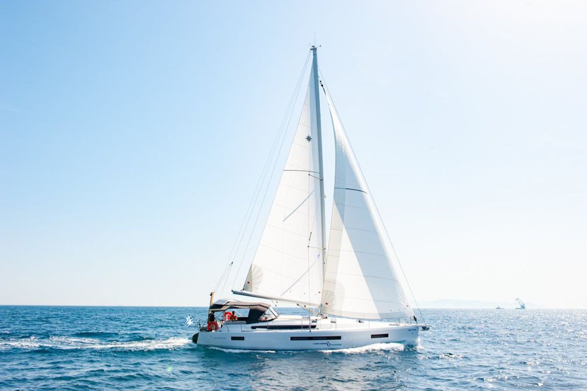 Exterior view of Porto Fino, a Jeanneau Sun Odyssey 490 sailboat at Andros, Greece