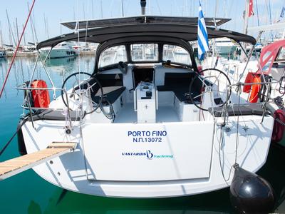 Cockpit of Porto Fino, a Jeanneau Sun Odyssey 490 sailboat at Andros, Greece