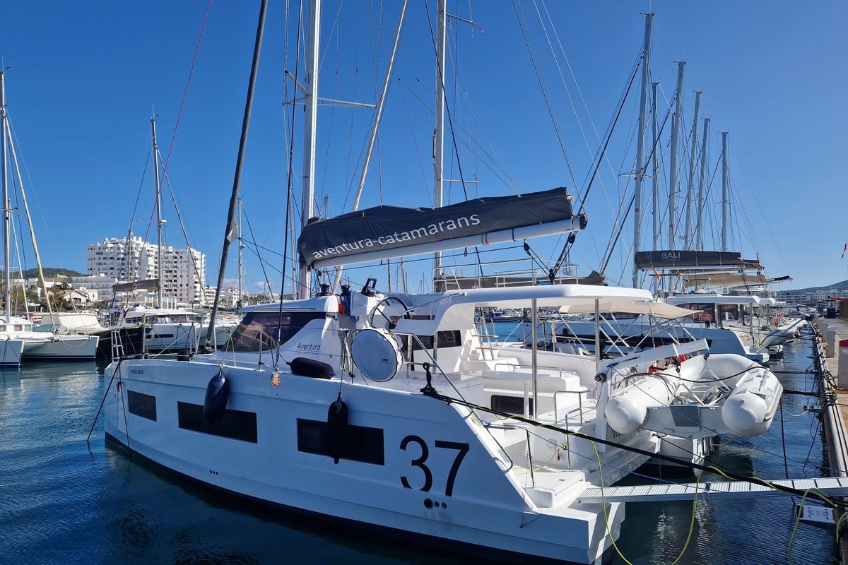 Exterior view of WENNY, a Aventura Catamarans Aventura 37 catamaran at Sant Antoni de Portmany, Spain