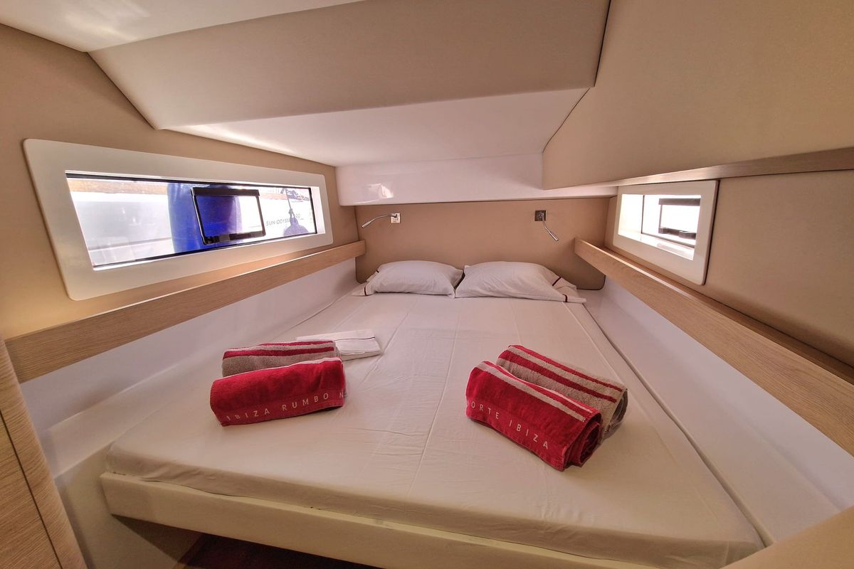 Cabin on WENNY, a Aventura Catamarans Aventura 37 catamaran at Sant Antoni de Portmany, Spain