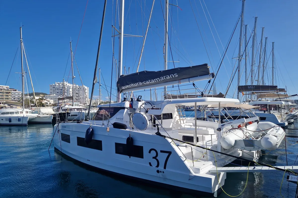 Exterior view of WENNY, a Aventura Catamarans Aventura 37 catamaran at Sant Antoni de Portmany, Spain