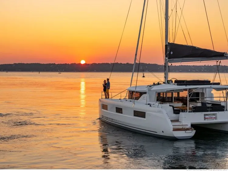 Exterior view of Barchetta VI, a Lagoon 46 catamaran at Piraeus, Greece