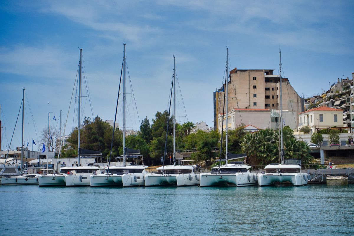 Exterior view of Barchetta VI, a Lagoon 46 catamaran at Piraeus, Greece