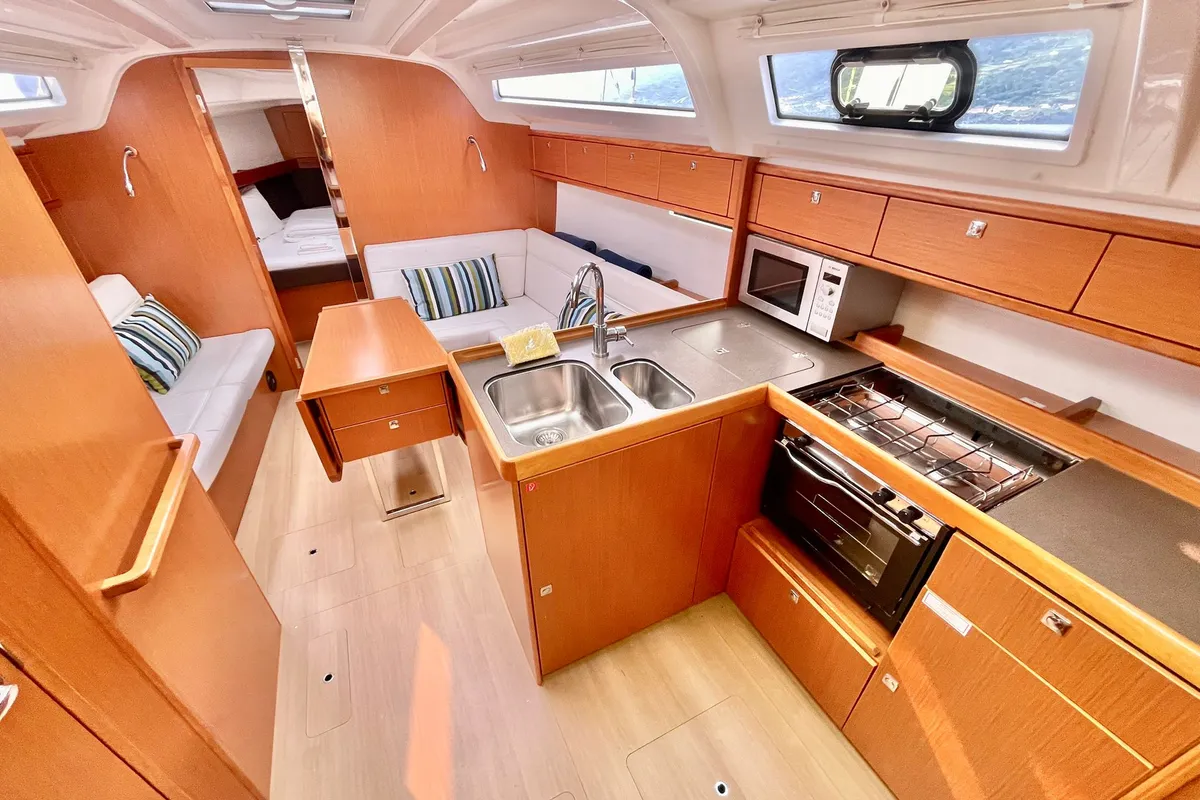 Galley of Sailtours, a Bavaria Cruiser 37 sailboat at São Pedro, Portugal