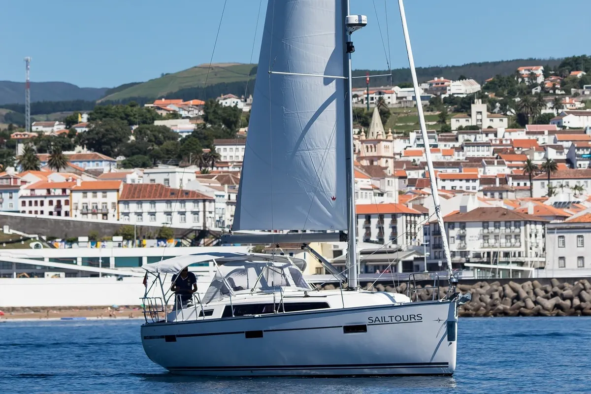 Exterior view of Sailtours, a Bavaria Cruiser 37 sailboat at São Pedro, Portugal