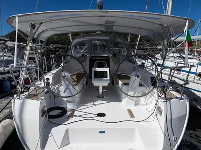 Cockpit of Sailtours, a Bavaria Cruiser 37 sailboat at São Pedro, Portugal