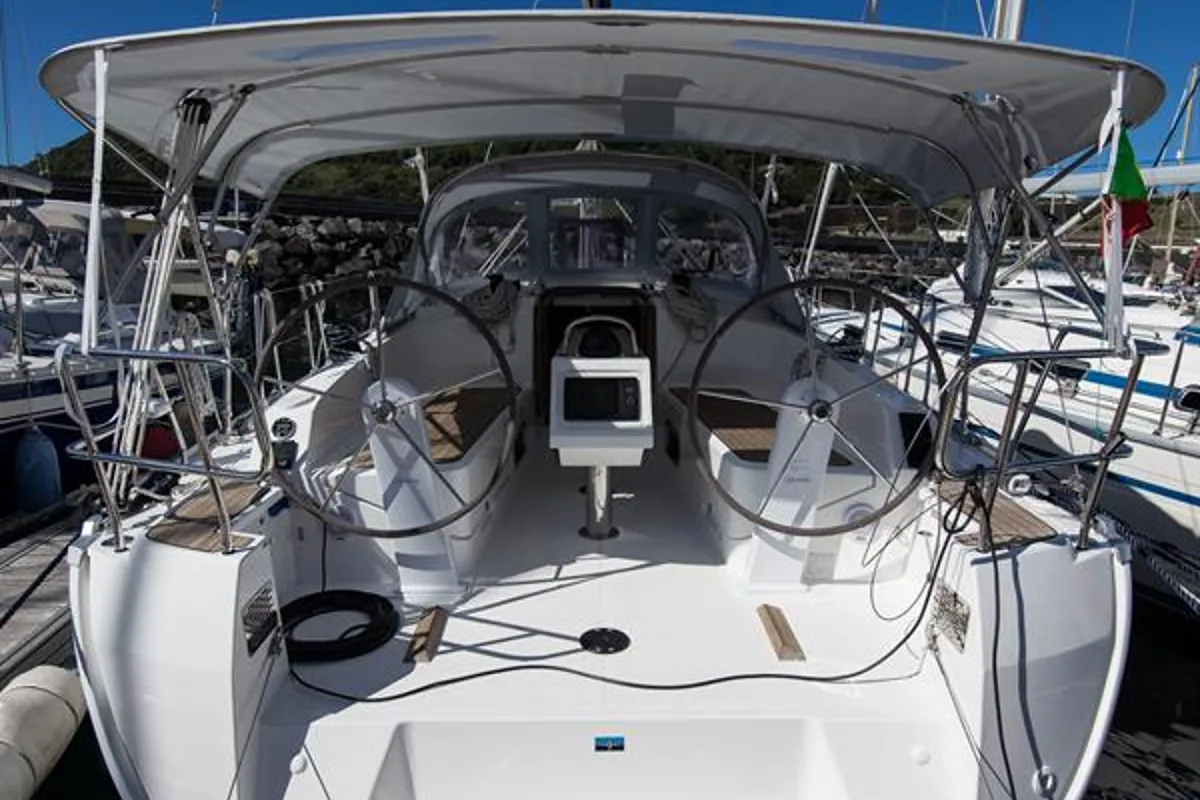 Cockpit of Sailtours, a Bavaria Cruiser 37 sailboat at São Pedro, Portugal