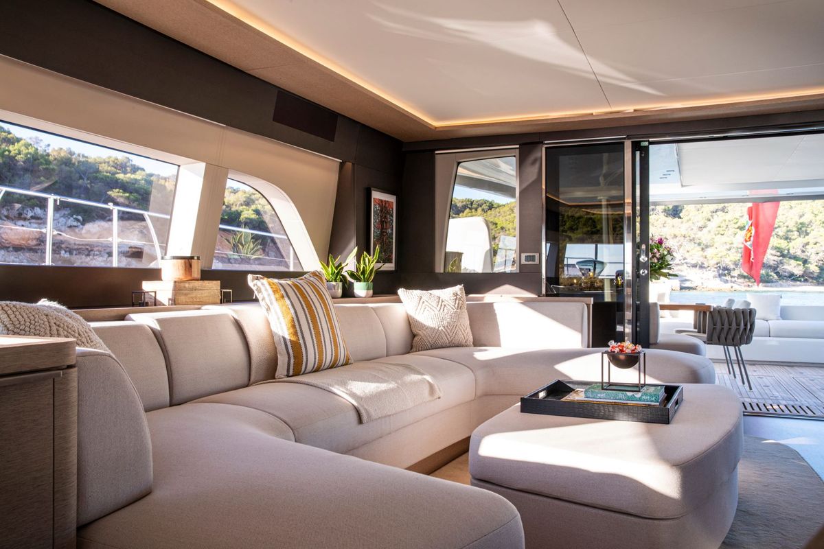 Salon of Premium +, a Lagoon Seventy 8 catamaran at Palma de Mallorca, Spain
