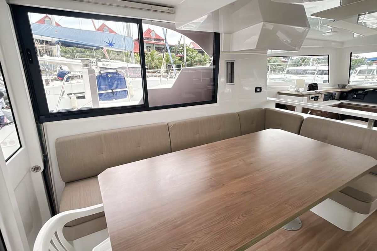 Salon of Cosmo, a Bali Catspace catamaran at Seychelles, Eden Island Marina, Seychelles