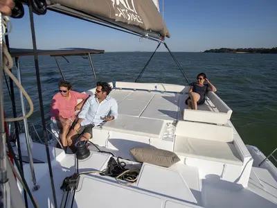 Deck of Cosmo, a Bali Catspace catamaran at Seychelles, Eden Island Marina, Seychelles