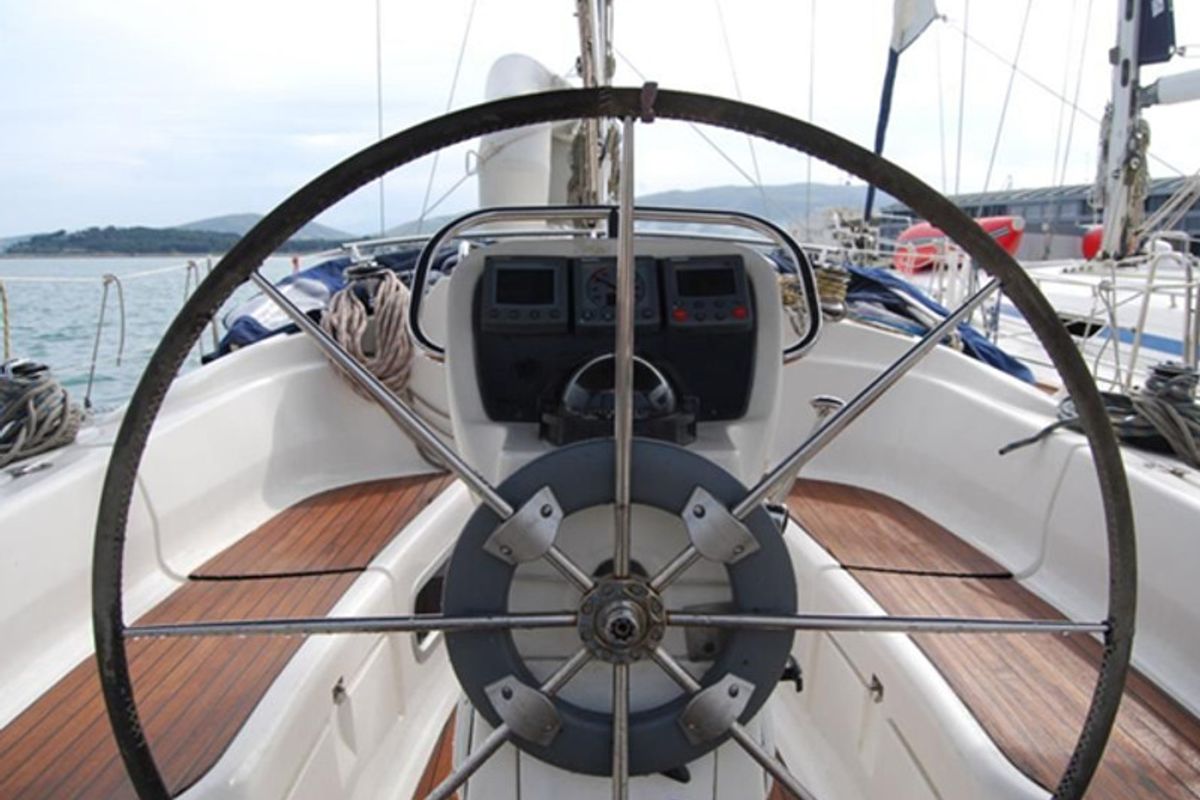 Cockpit of Ankereva, a Bavaria 36 sailboat at Volos Municipality, Greece