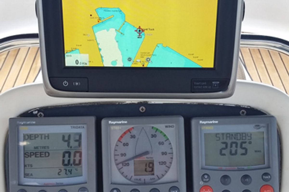 Cockpit of Ankereva, a Bavaria 36 sailboat at Volos Municipality, Greece