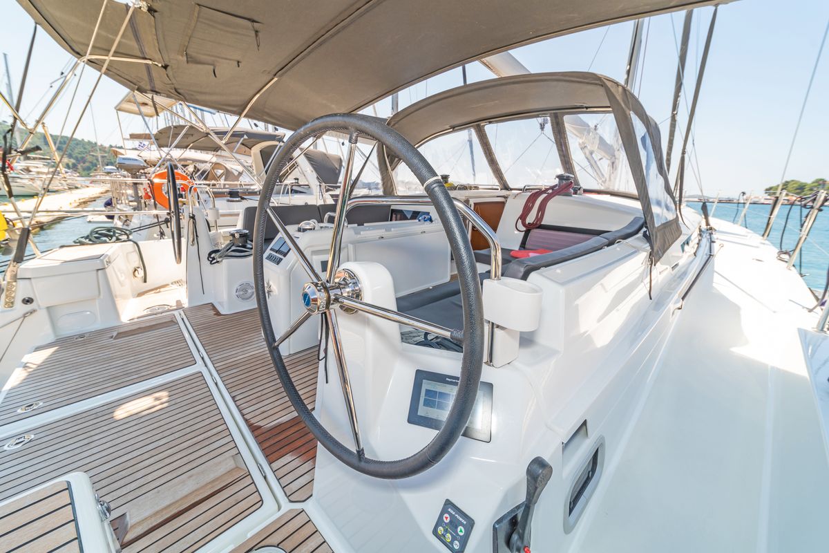 Cockpit of Calico Jack, a Jeanneau Sun Odyssey 490 sailboat at Athens, Greece