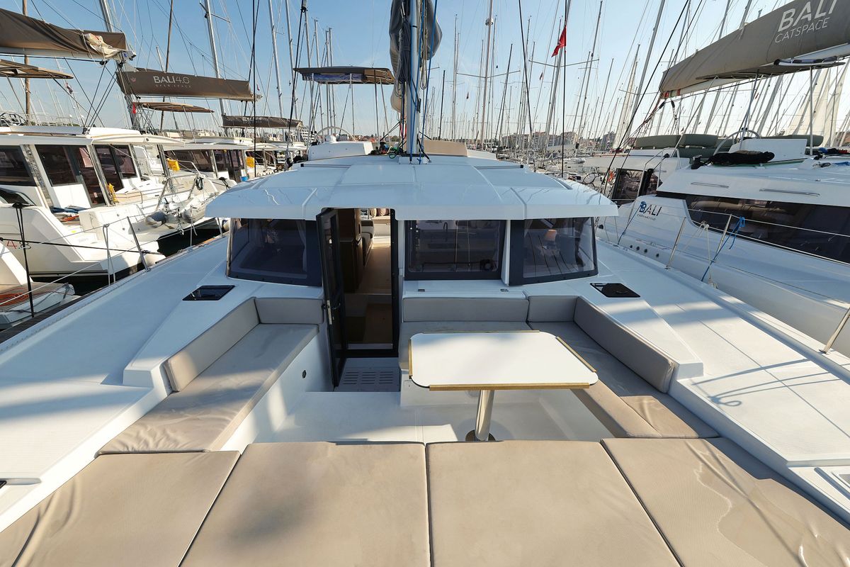 Deck of Charmant, a Bali 4.2 catamaran at Grad Biograd na Moru, Croatia