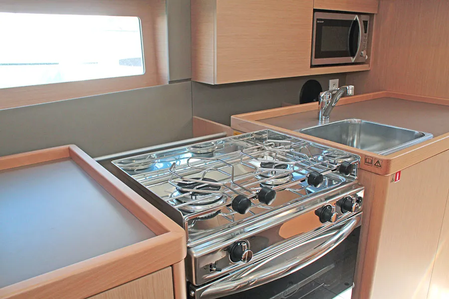 Galley of BOHEMIAN RHAPSODY, a Beneteau Oceanis 38.1 sailboat at Palma de Mallorca, Spain