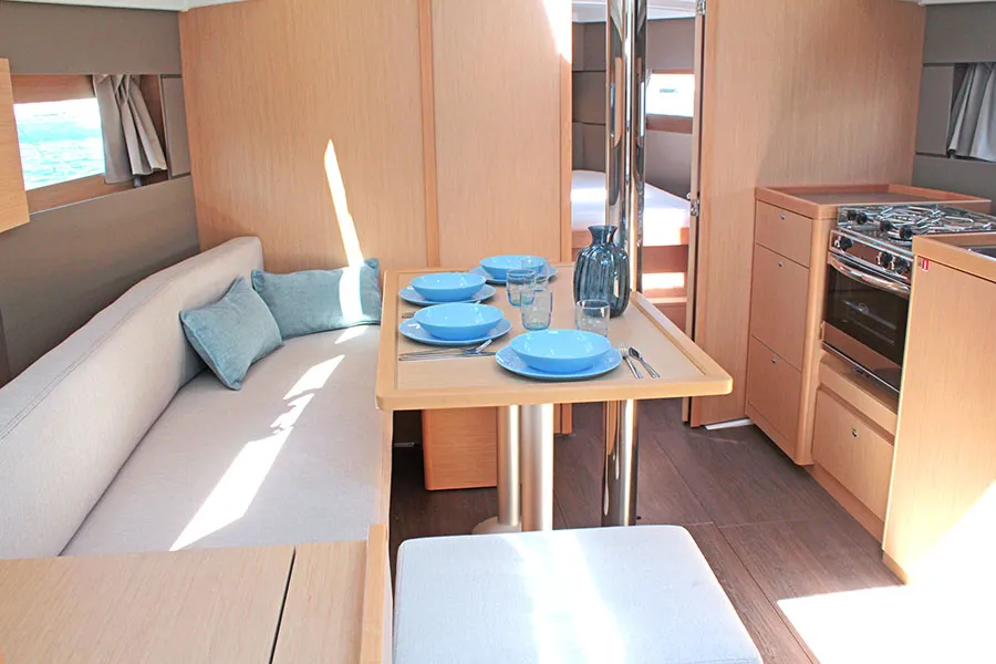 Salon of BOHEMIAN RHAPSODY, a Beneteau Oceanis 38.1 sailboat at Palma de Mallorca, Spain