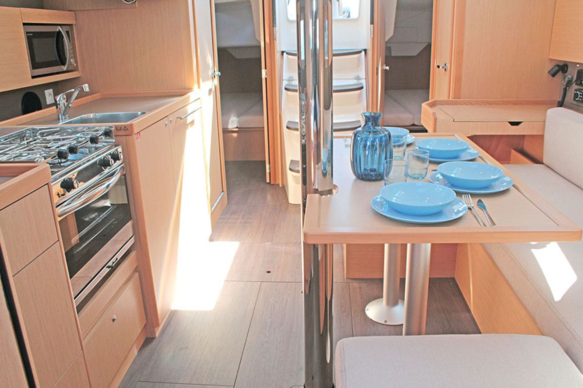 Salon of BOHEMIAN RHAPSODY, a Beneteau Oceanis 38.1 sailboat at Palma de Mallorca, Spain