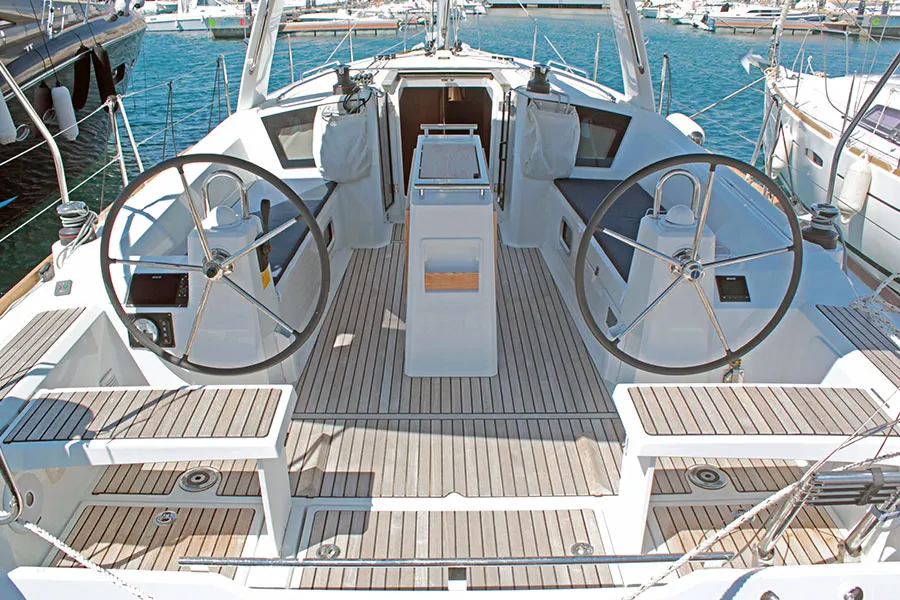 Cockpit of BOHEMIAN RHAPSODY, a Beneteau Oceanis 38.1 sailboat at Palma de Mallorca, Spain