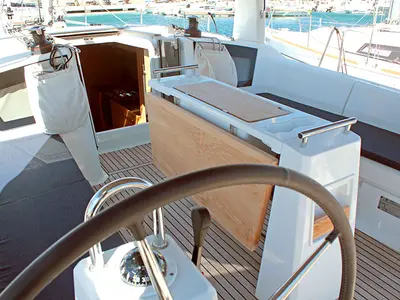 Cockpit of BOHEMIAN RHAPSODY, a Beneteau Oceanis 38.1 sailboat at Palma de Mallorca, Spain