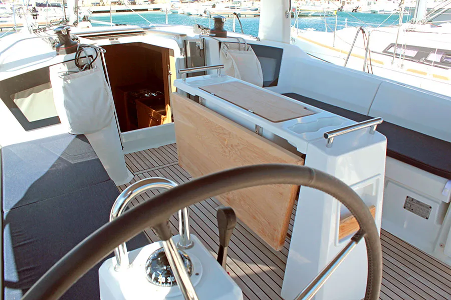 Cockpit of BOHEMIAN RHAPSODY, a Beneteau Oceanis 38.1 sailboat at Palma de Mallorca, Spain