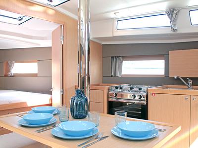 Galley of BOHEMIAN RHAPSODY, a Beneteau Oceanis 38.1 sailboat at Palma de Mallorca, Spain