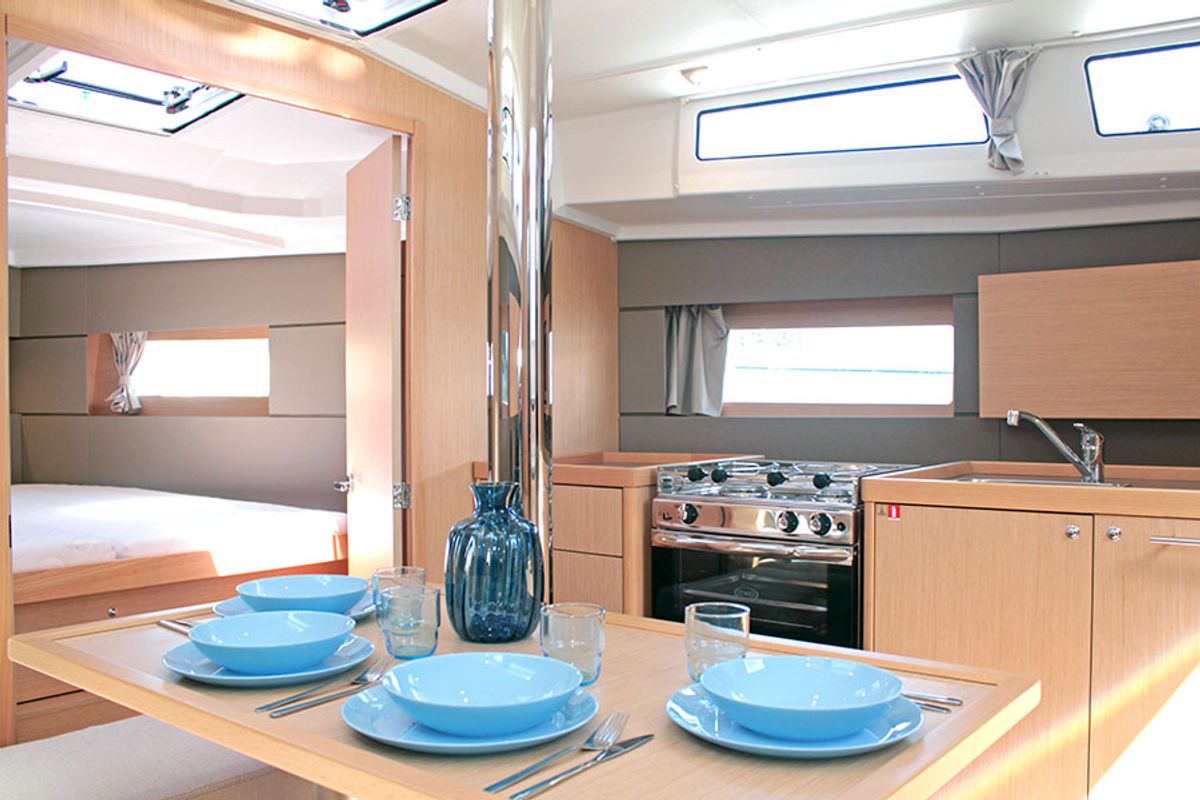 Galley of BOHEMIAN RHAPSODY, a Beneteau Oceanis 38.1 sailboat at Palma de Mallorca, Spain