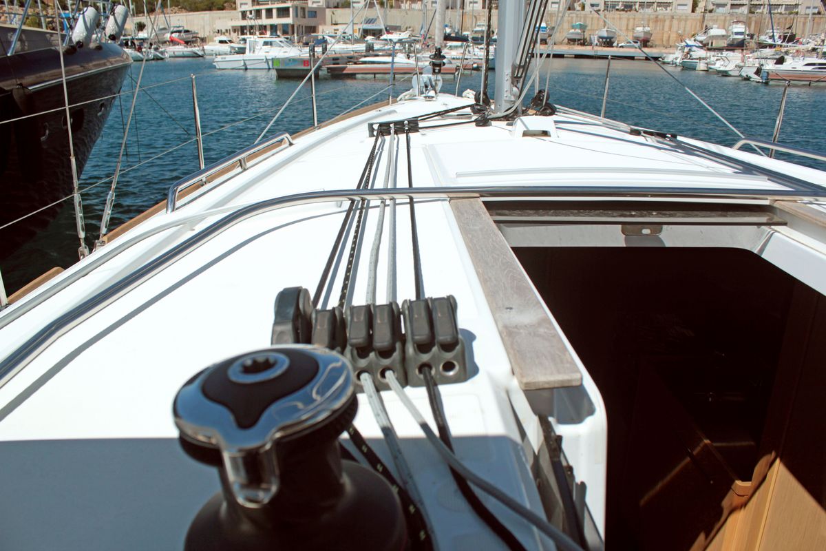 Deck of BOHEMIAN RHAPSODY, a Beneteau Oceanis 38.1 sailboat at Palma de Mallorca, Spain