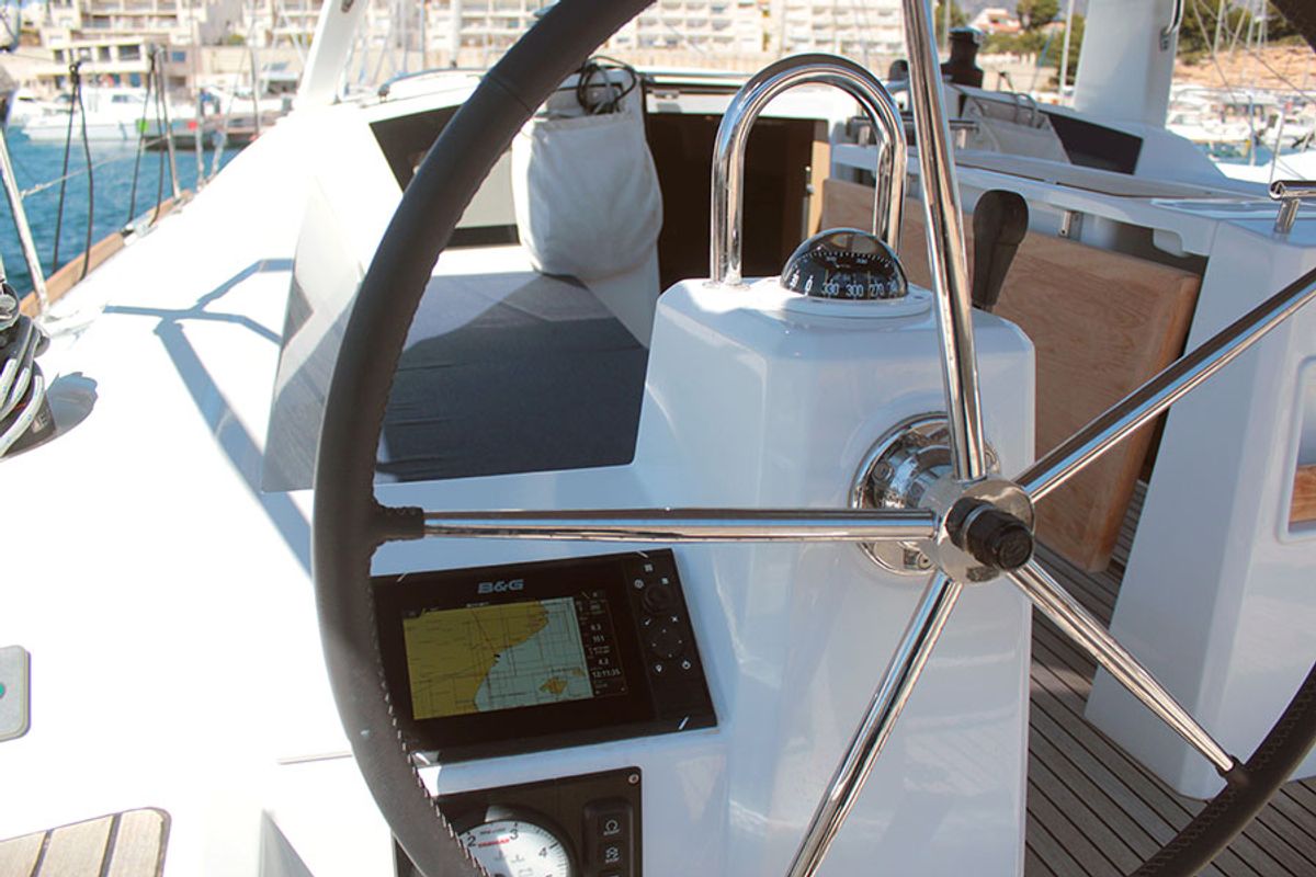 Cockpit of BOHEMIAN RHAPSODY, a Beneteau Oceanis 38.1 sailboat at Palma de Mallorca, Spain