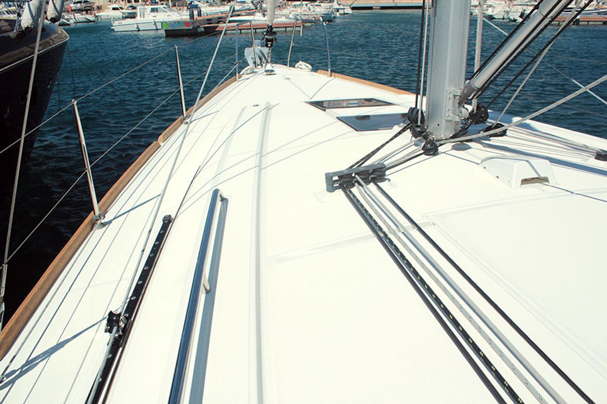 Deck of BOHEMIAN RHAPSODY, a Beneteau Oceanis 38.1 sailboat at Palma de Mallorca, Spain