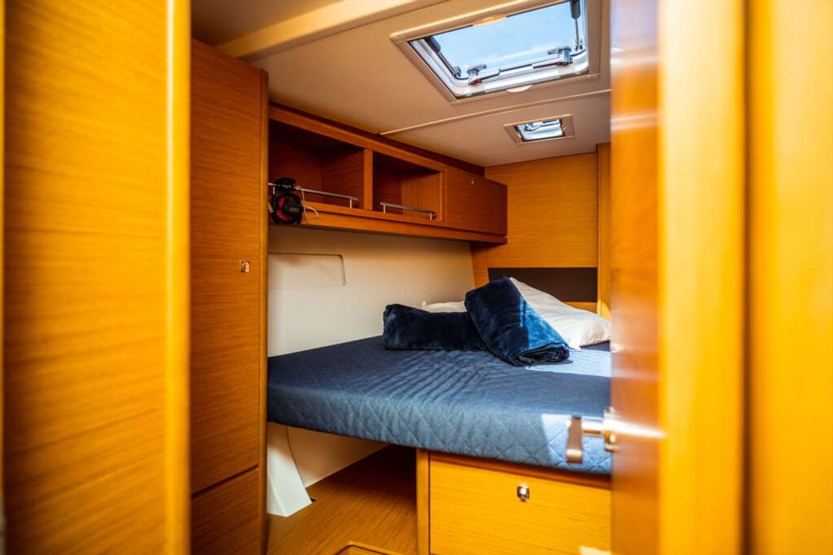 Cabin on Caterina, a Dufour 56 Exclusive sailboat at Olbia, Italy