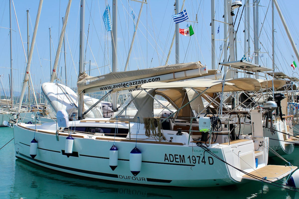 Exterior view of Zion, a Dufour 360 Grand Large sailboat at Municipal Unit of Lefkada, Greece