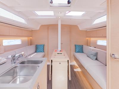 Salon of Sunsail 37.3 Premium Plus, a Dufour 37 sailboat at Municipal Unit of Lefkada, Greece