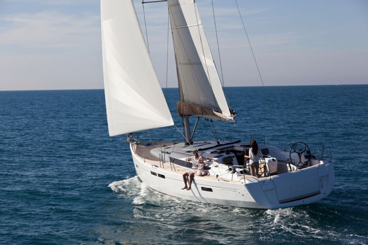 Exterior view of Pina, a Jeanneau Sun Odyssey 479 sailboat at Grad Trogir, Croatia