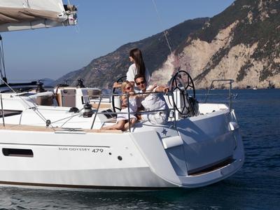 Cockpit of Pina, a Jeanneau Sun Odyssey 479 sailboat at Grad Trogir, Croatia