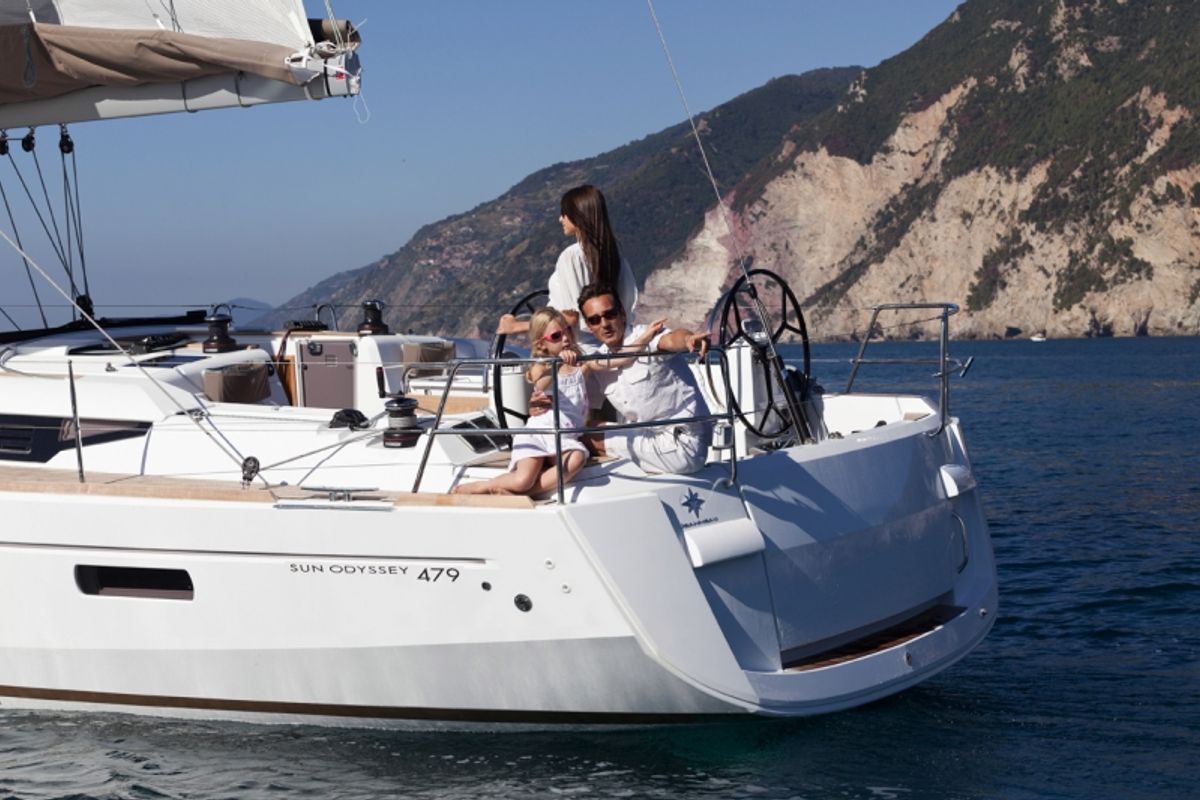 Cockpit of Pina, a Jeanneau Sun Odyssey 479 sailboat at Grad Trogir, Croatia