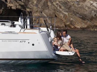 Deck of Pina, a Jeanneau Sun Odyssey 479 sailboat at Grad Trogir, Croatia