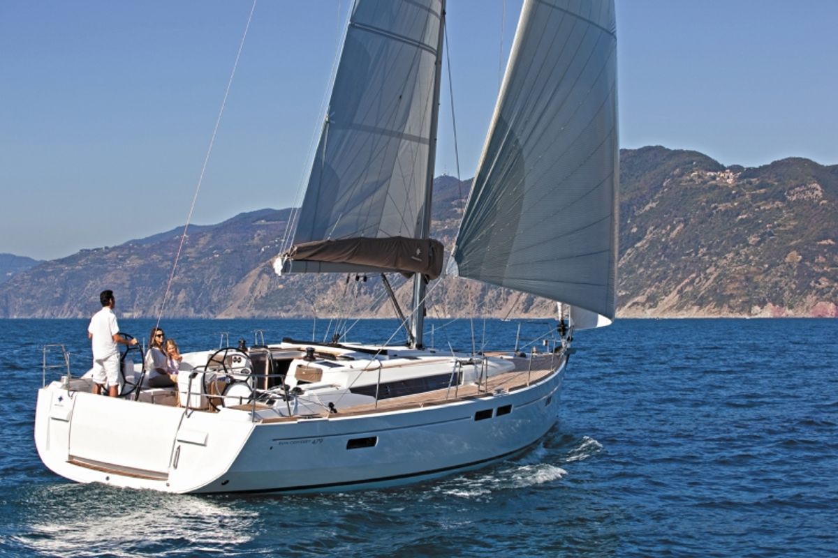 Exterior view of Pina, a Jeanneau Sun Odyssey 479 sailboat at Grad Trogir, Croatia