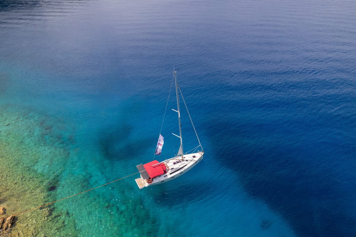 Exterior view of Tangram, a Bavaria Cruiser 41 sailboat at Fethiye, Turkey
