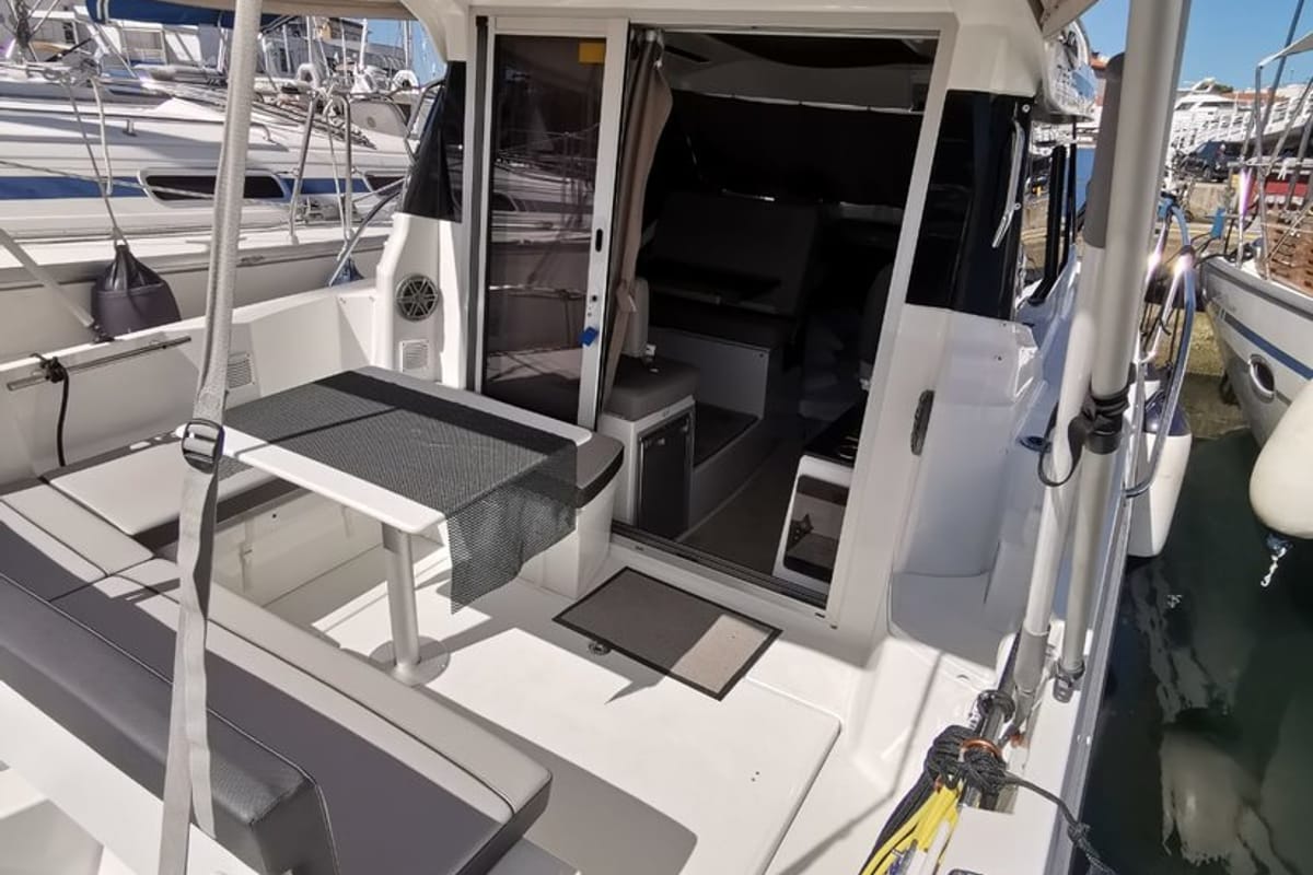 Deck of Malizia, a Jeanneau Merry Fisher 795 motorboat at Zadar, Croatia