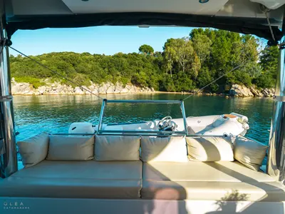 Deck of Olea II, a Bali 4.8 catamaran at Municipal Unit of Lefkada, Greece
