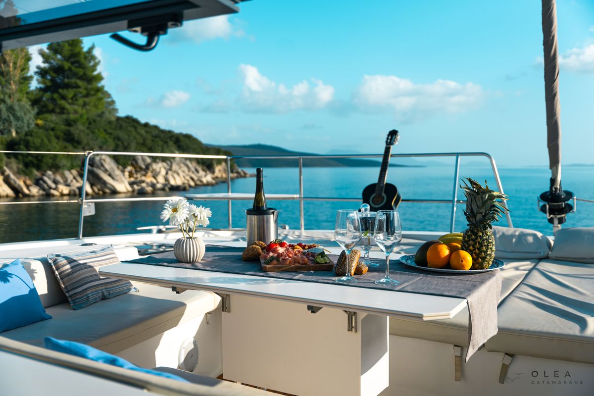 Deck of Olea II, a Bali 4.8 catamaran at Municipal Unit of Lefkada, Greece